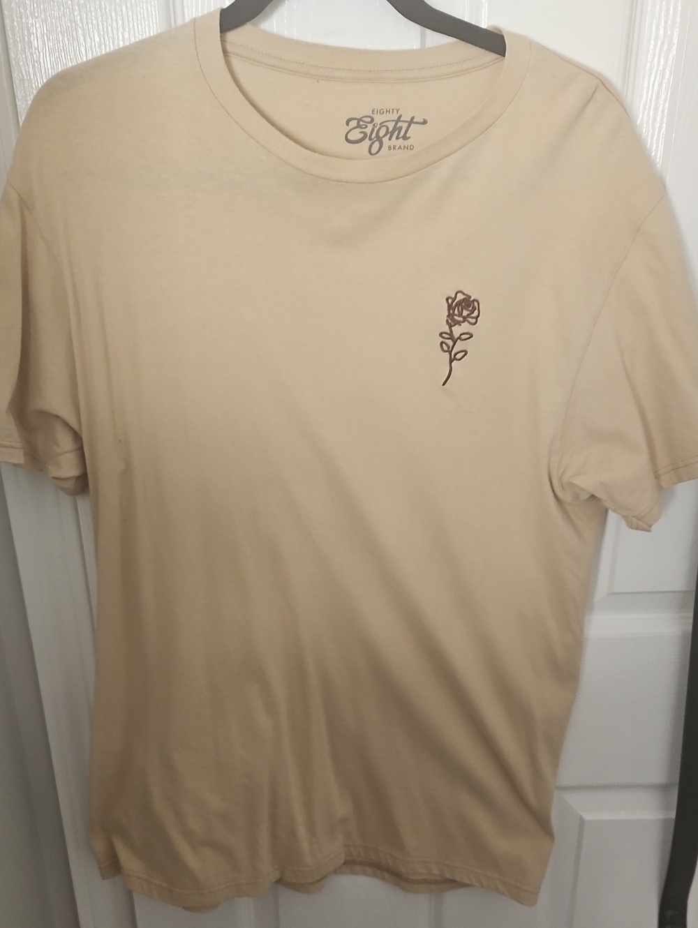 Eighty Eight Men’s Tan Short Sleeve Tee with Small Rose Graphic